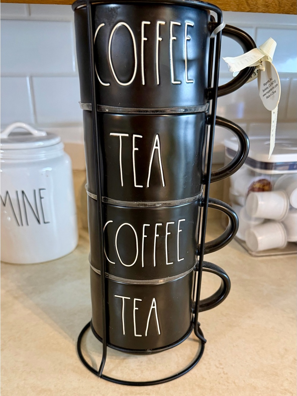 Rae Dunn Stackable Black Coffee & Tea Mug Set with Rack